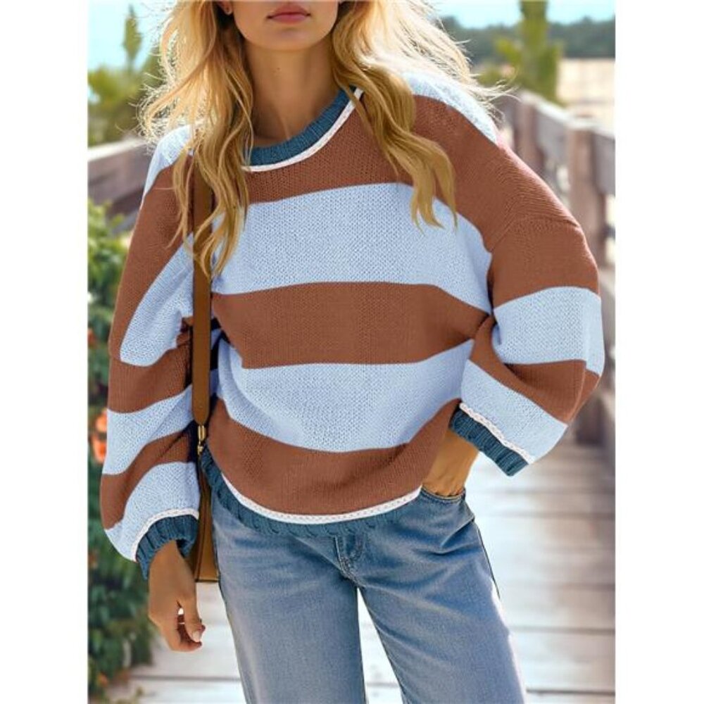 Womens Oversized Sweaters Casual Long Sleeve Striped Color Block - Picture 2 of 6